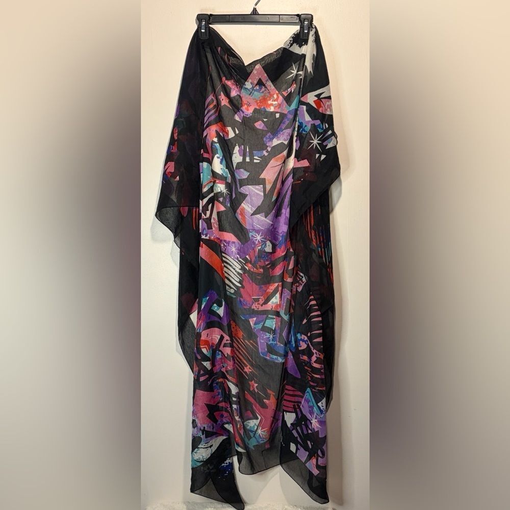 H&M- Y2K Black Purple Red Large Sheer Scarf Shawl Wrap Abstract Stain Glass O/S